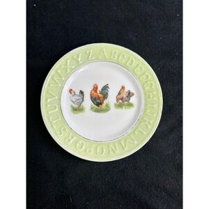 Vintage Germany Porcelain ABC Alphabet Plate Rooster Trio Green Border 6.25in